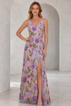 Lavender floral embroidered V-neck floor-length wedding guest dress with side slit