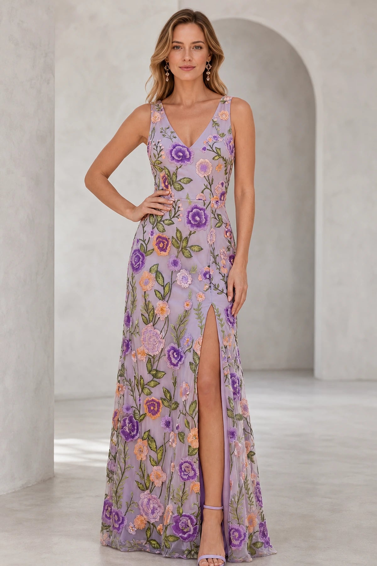 Lavender floral embroidered V-neck floor-length wedding guest dress with side slit