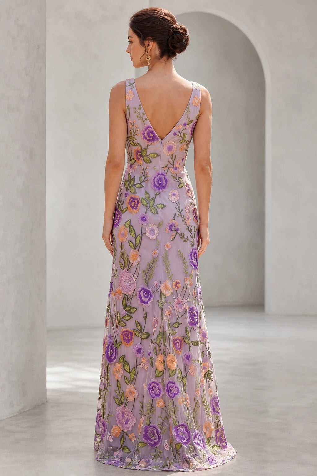 Lavender floral embroidered V-back floor-length wedding guest dress back view