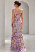 Lavender floral embroidered V-back floor-length wedding guest dress back view