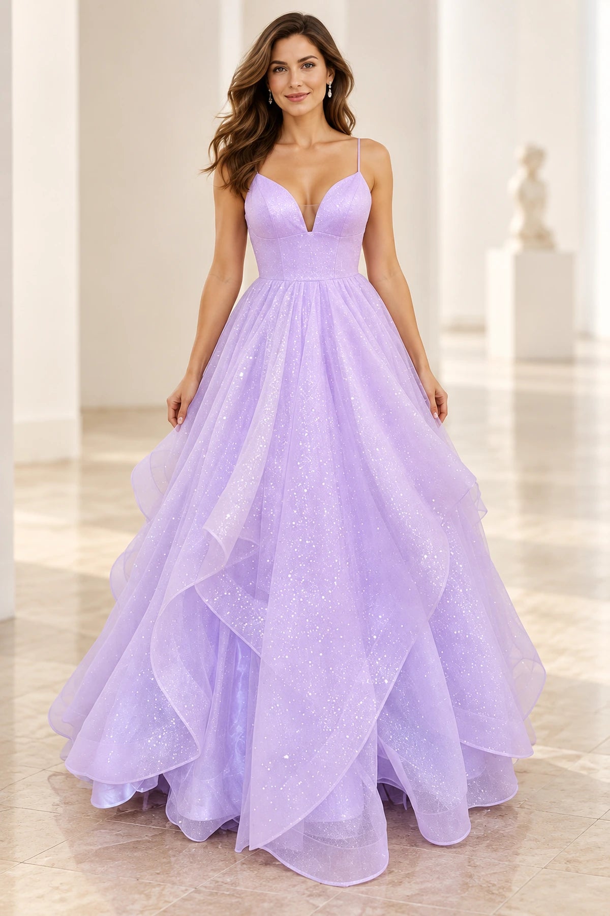 Lavender glitter ball gown prom dress featuring a plunging V-neckline, spaghetti straps, fitted bodice, and cascading layered tulle ruffles by Graceprom.