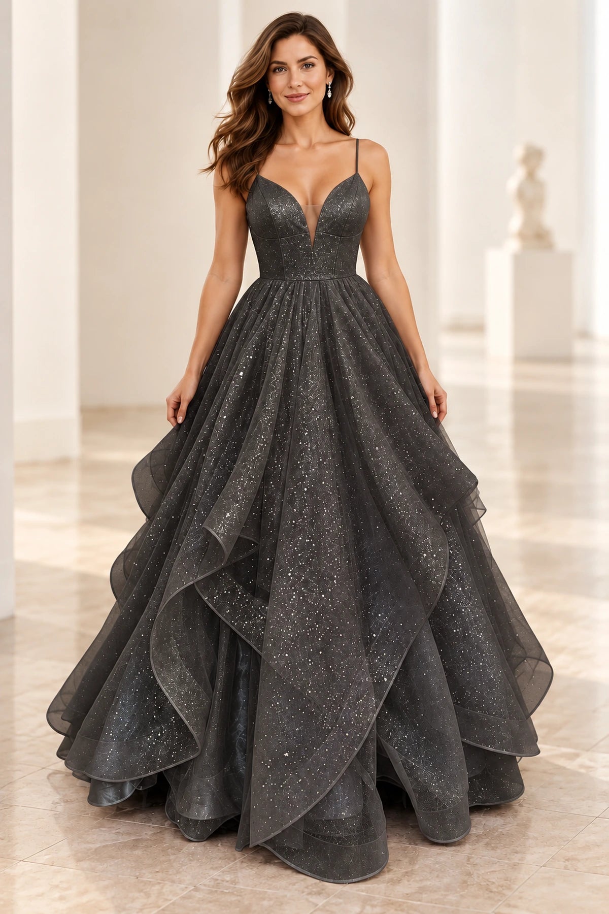 Sparkling Mesh Ball Gown V-Neck Sleeveless Lace-Up Floor-Length Prom Dress