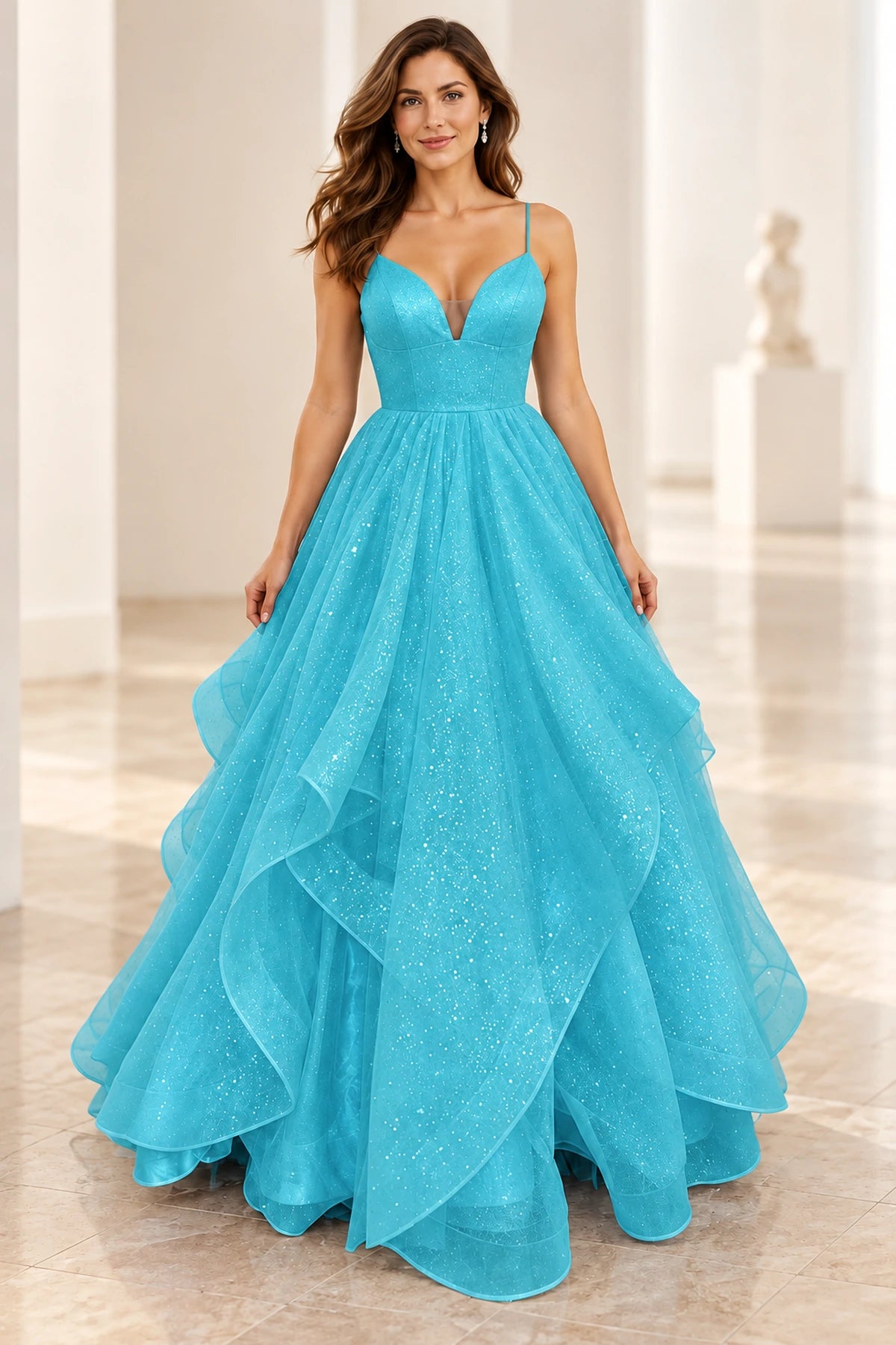 Sparkling Mesh Ball Gown V-Neck Sleeveless Lace-Up Floor-Length Prom Dress