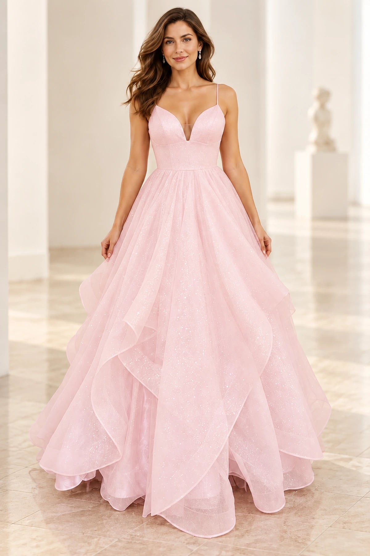 Sparkling Mesh Ball Gown V-Neck Sleeveless Lace-Up Floor-Length Prom Dress
