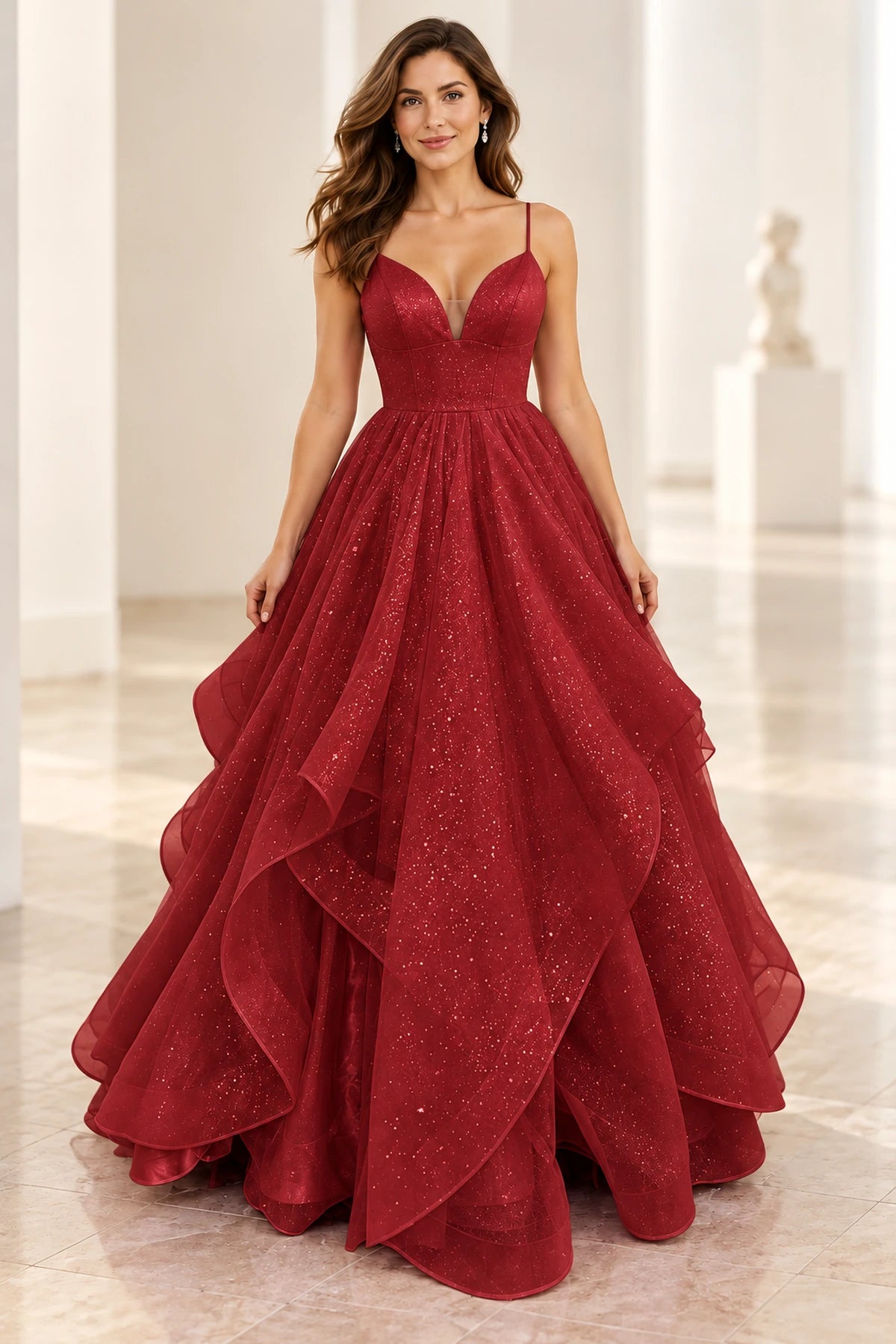 Sparkling Mesh Ball Gown V-Neck Sleeveless Lace-Up Floor-Length Prom Dress
