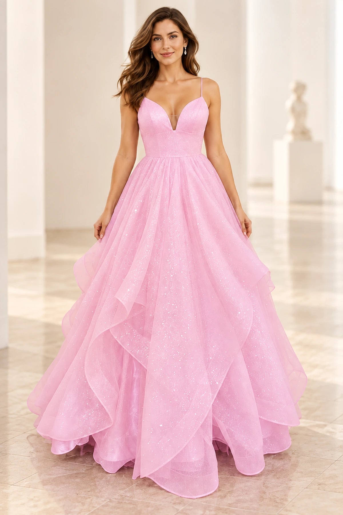 Sparkling Mesh Ball Gown V-Neck Sleeveless Lace-Up Floor-Length Prom Dress