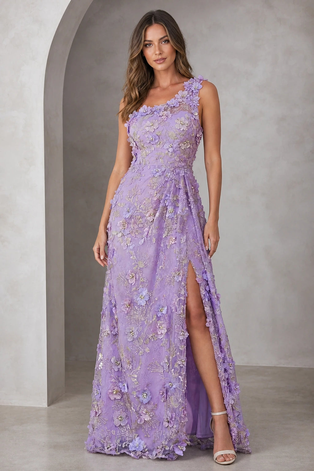 Lavender one-shoulder floral applique floor-length prom dress with side slit front view