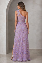 Lavender one-shoulder asymmetrical back floral applique floor-length prom dress back view