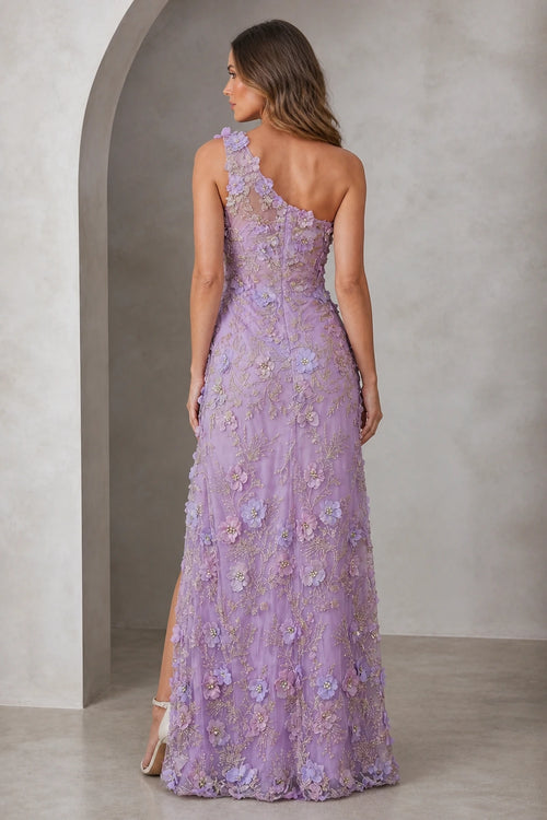 Lavender one-shoulder asymmetrical back floral applique floor-length prom dress back view