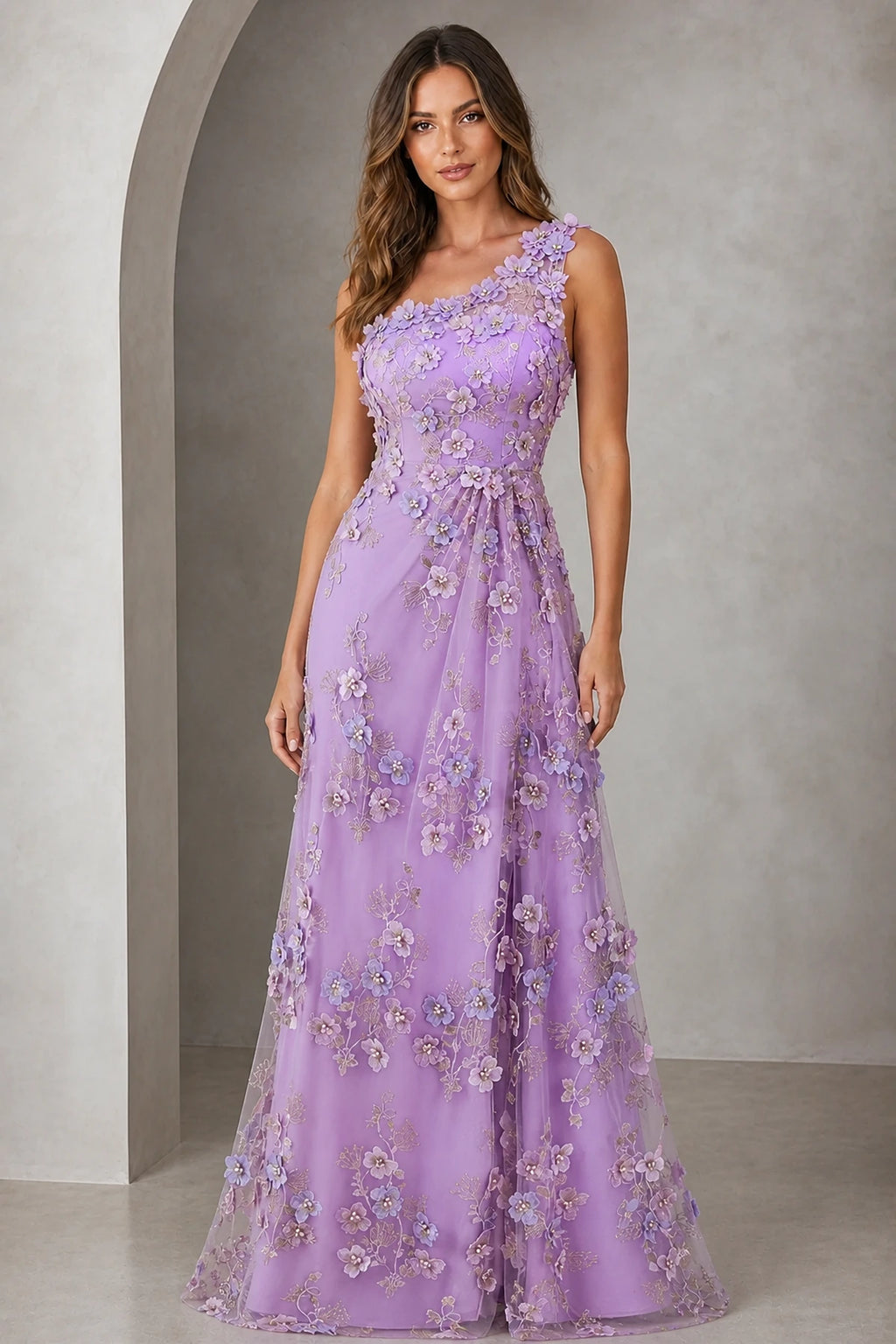 Romantic A-Line One-Shoulder Sleeveless Asymmetrical Back Floor-Length Prom Dress