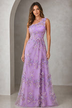 Romantic A-Line One-Shoulder Sleeveless Asymmetrical Back Floor-Length Prom Dress