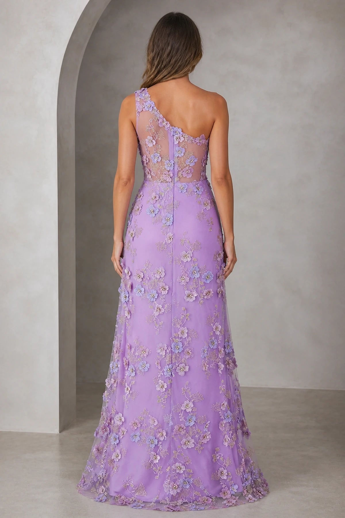 Romantic A-Line One-Shoulder Sleeveless Asymmetrical Back Floor-Length Prom Dress