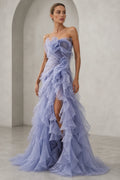 Lavender strapless ruffled floor length prom dress with high slit by Graceprom