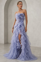Lavender strapless ruffled floor length prom dress with high slit by Graceprom