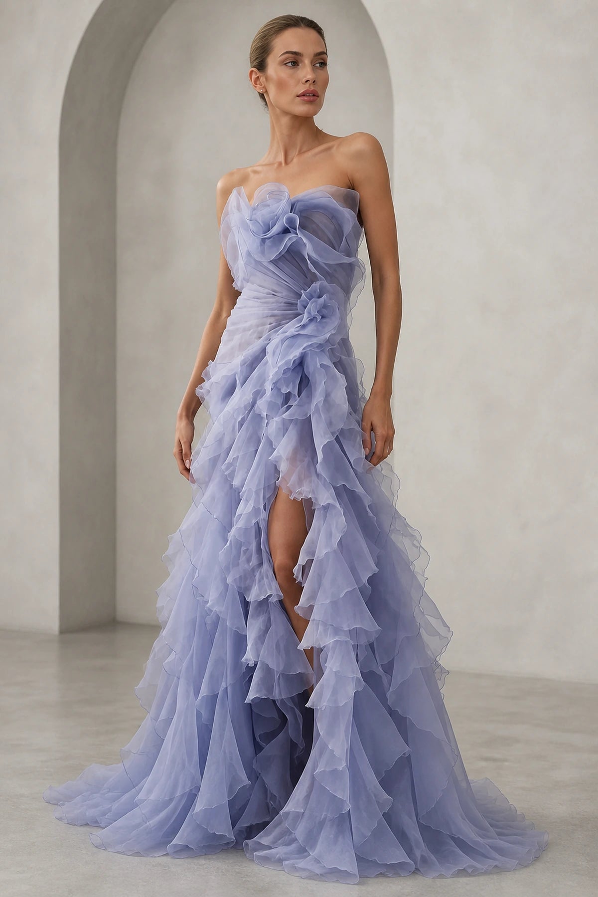 Lavender strapless ruffled floor length prom dress with high slit by Graceprom