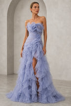 Romantic Ruffled Mermaid Strapless Sleeveless Zipper Back Floor Length Prom Dress