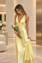 Elegant A Line V Neck Sleeveless Open Back Floor Length Prom Dress