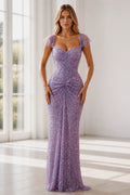 GraceProm lavender sparkle prom dress with sweetheart neckline cap sleeves ruched hip detail and floor length sheath silhouette
