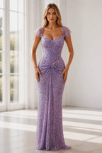 GraceProm lavender sparkle prom dress with sweetheart neckline cap sleeves ruched hip detail and floor length sheath silhouette
