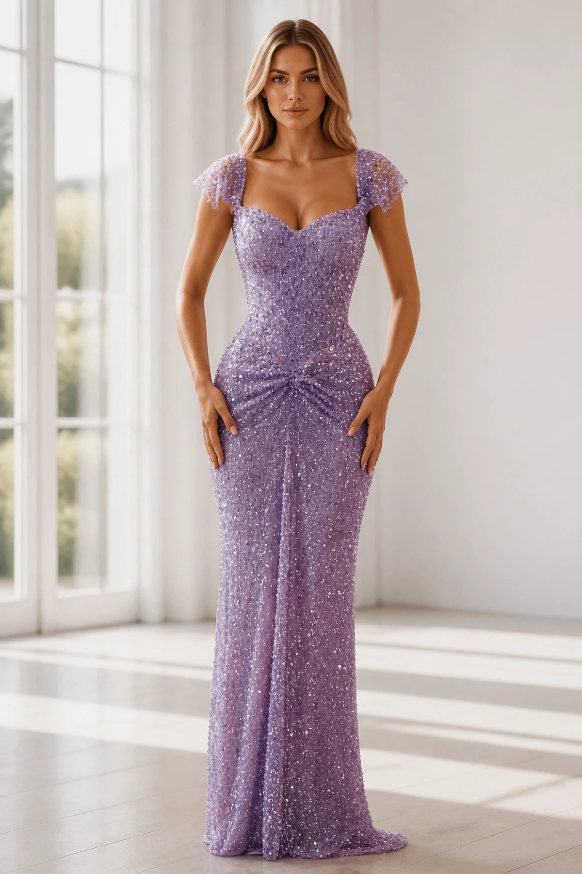 GraceProm lavender sparkle prom dress with sweetheart neckline cap sleeves ruched hip detail and floor length sheath silhouette