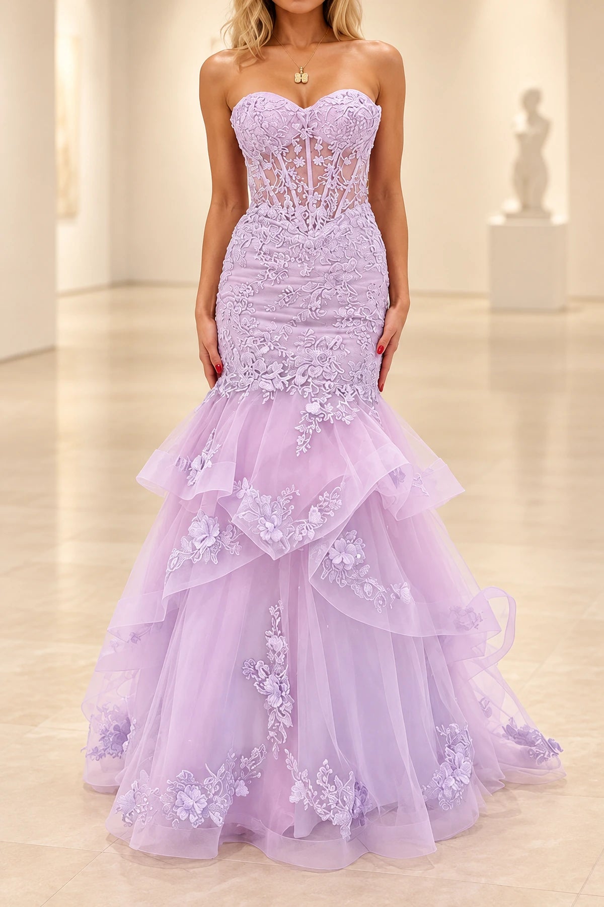 Romantic Tulle Mermaid Sweetheart Strapless Low-Back Floor-Length Prom Dress