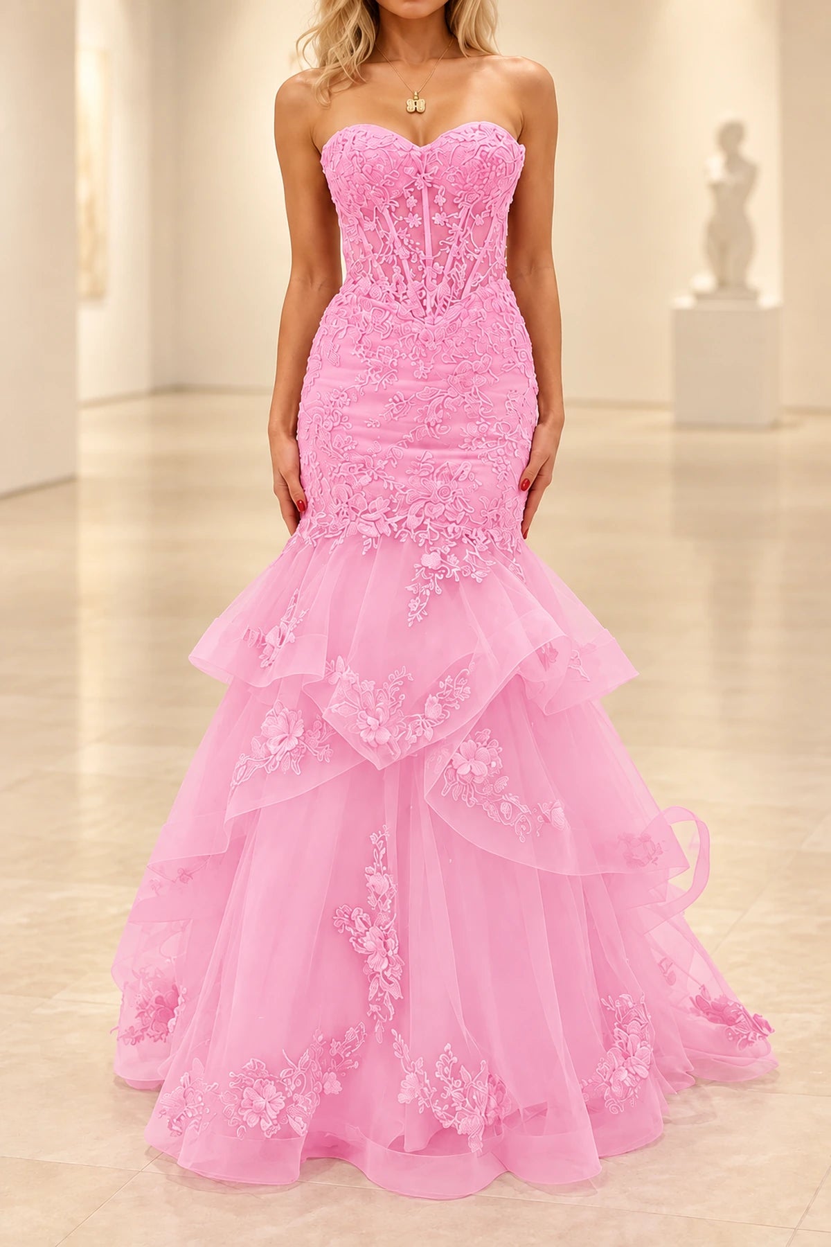 Romantic Tulle Mermaid Sweetheart Strapless Low-Back Floor-Length Prom Dress