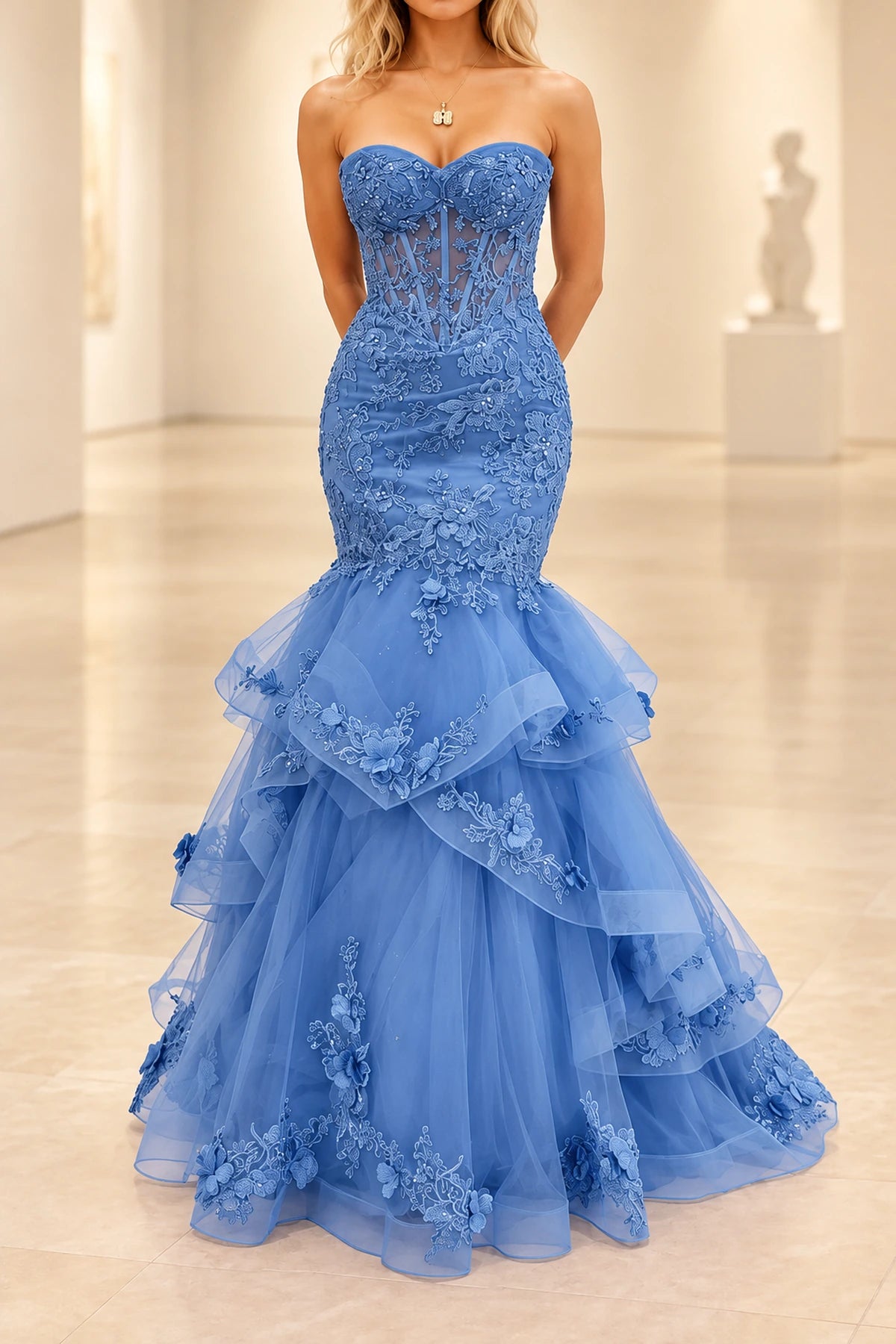 Romantic Tulle Mermaid Sweetheart Strapless Low-Back Floor-Length Prom Dress