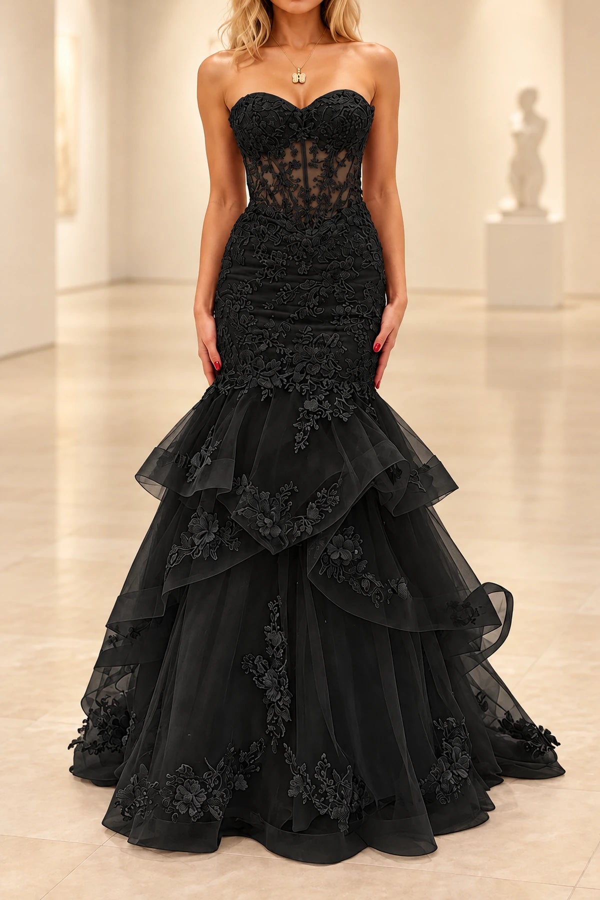 Romantic Tulle Mermaid Sweetheart Strapless Low-Back Floor-Length Prom Dress