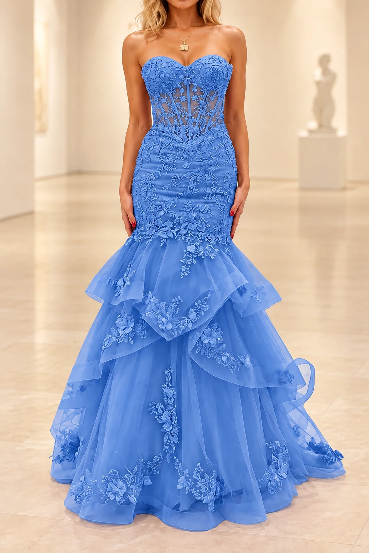 Romantic Tulle Mermaid Sweetheart Strapless Low-Back Floor-Length Prom Dress