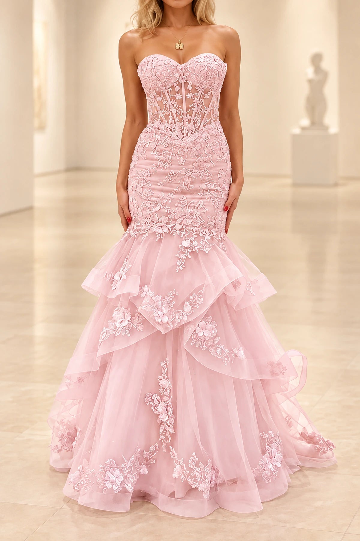 Romantic Tulle Mermaid Sweetheart Strapless Low-Back Floor-Length Prom Dress