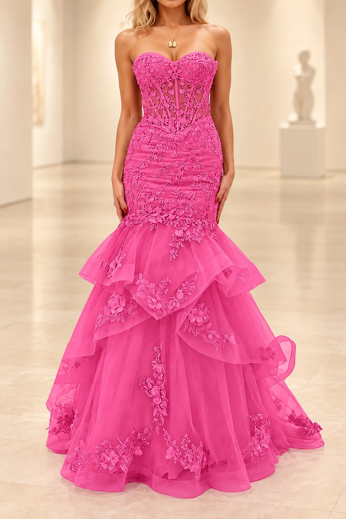Romantic Tulle Mermaid Sweetheart Strapless Low-Back Floor-Length Prom Dress