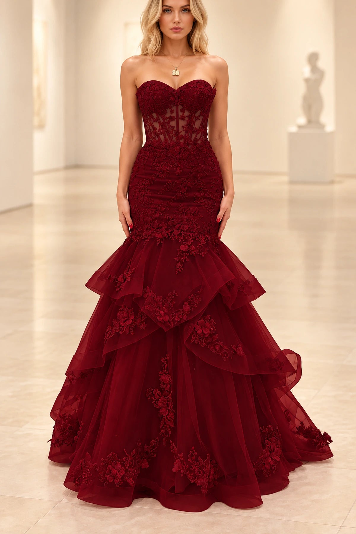 Romantic Tulle Mermaid Sweetheart Strapless Low-Back Floor-Length Prom Dress