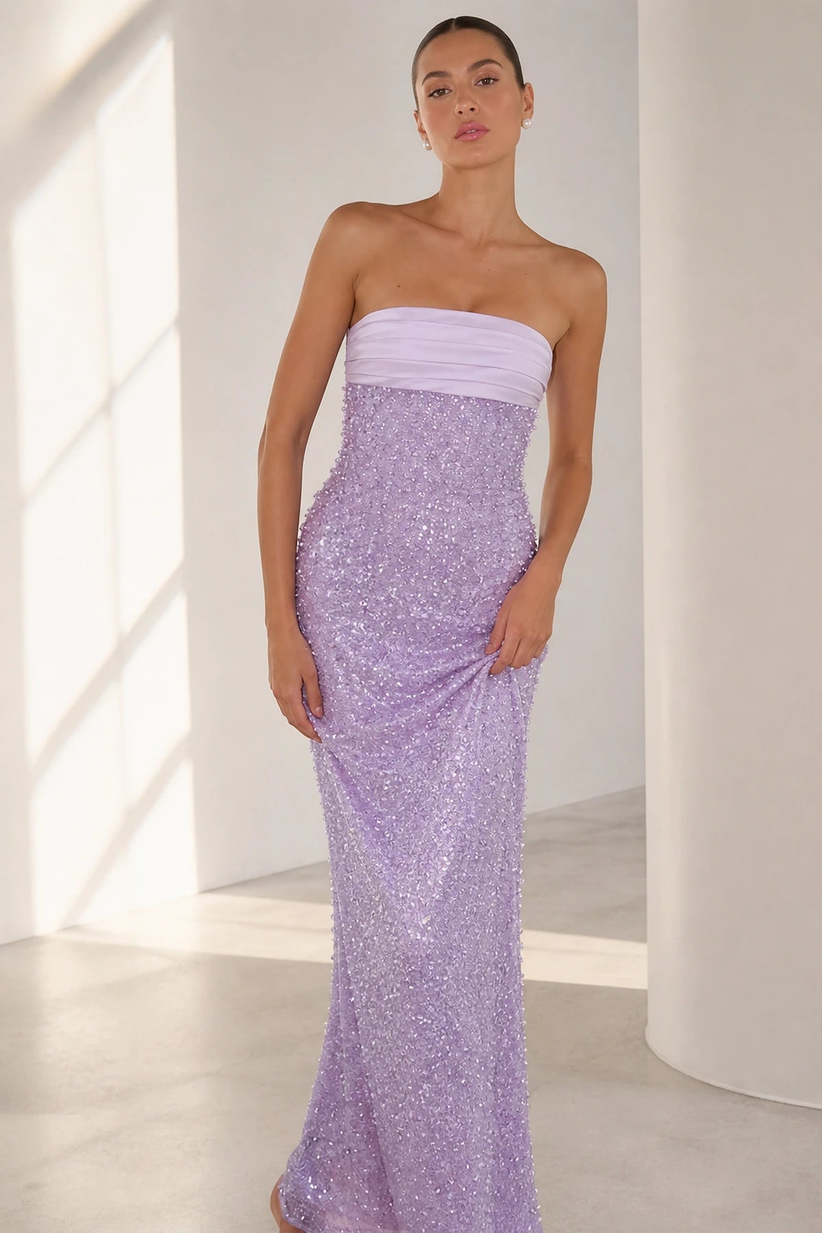 GraceProm lavender strapless prom dress with sparkling fitted silhouette and floor length hem