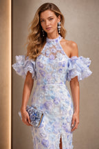 Dreamy Sheath Halter Neck Ruffle Sleeve Zip Back Floor-Length Evening Dress