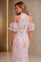 Dreamy Sheath Halter Neck Ruffle Sleeve Zip Back Floor-Length Evening Dress