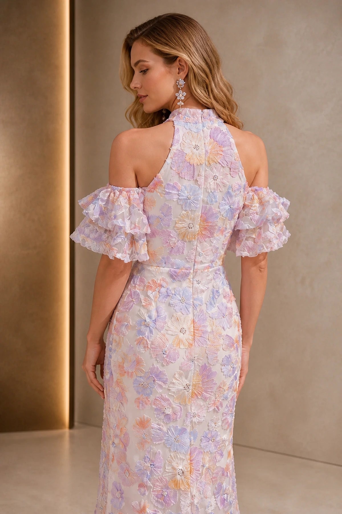 Dreamy Sheath Halter Neck Ruffle Sleeve Zip Back Floor-Length Evening Dress