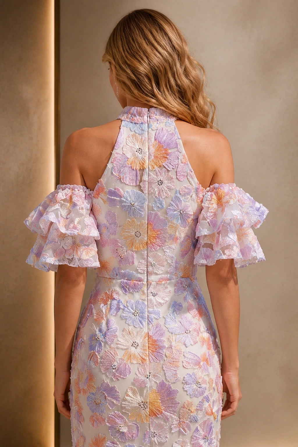 Dreamy Sheath Halter Neck Ruffle Sleeve Zip Back Floor-Length Evening Dress