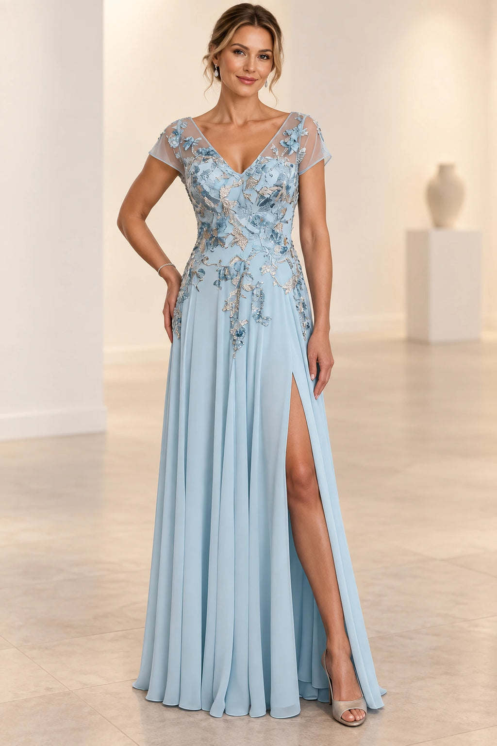 Light blue A-line Mother of the Bride Dress with V-neck floral appliqué bodice and side slit