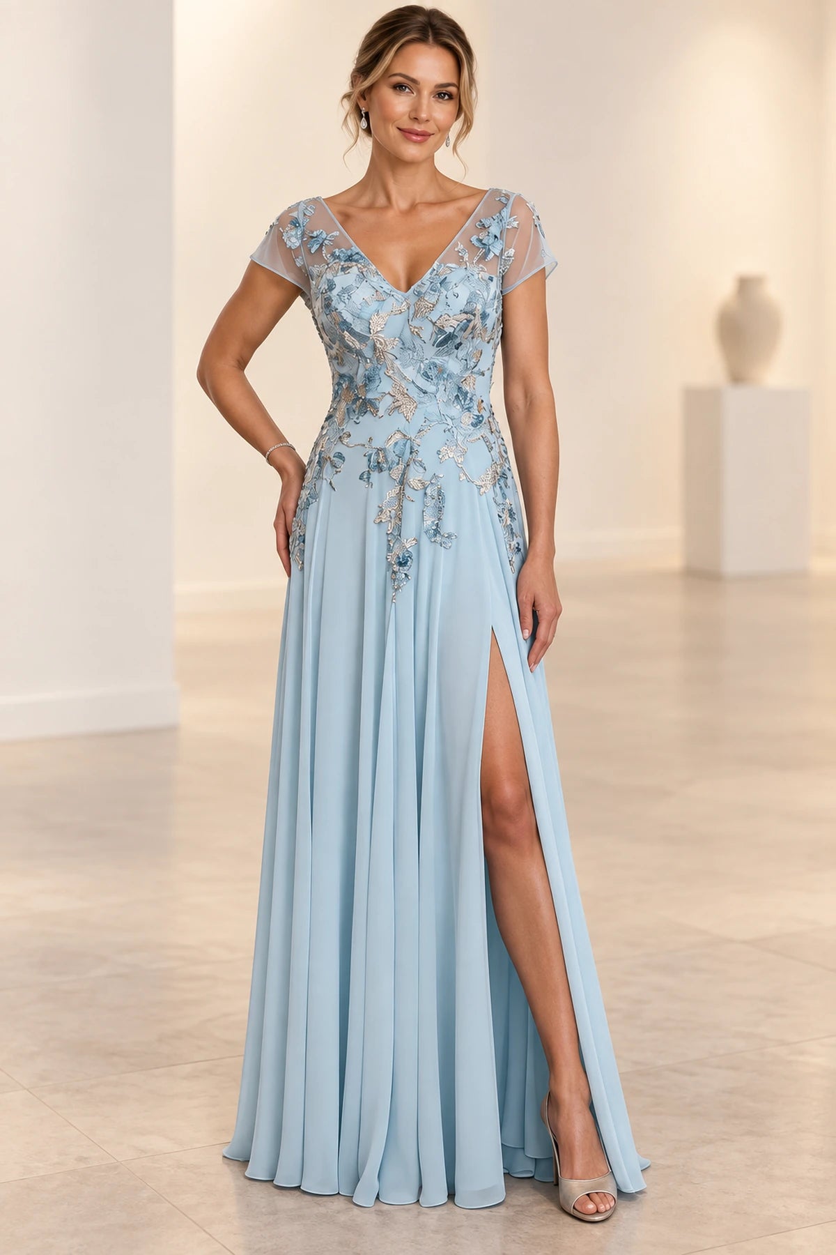 Light blue A-line Mother of the Bride Dress with V-neck floral appliqué bodice and side slit