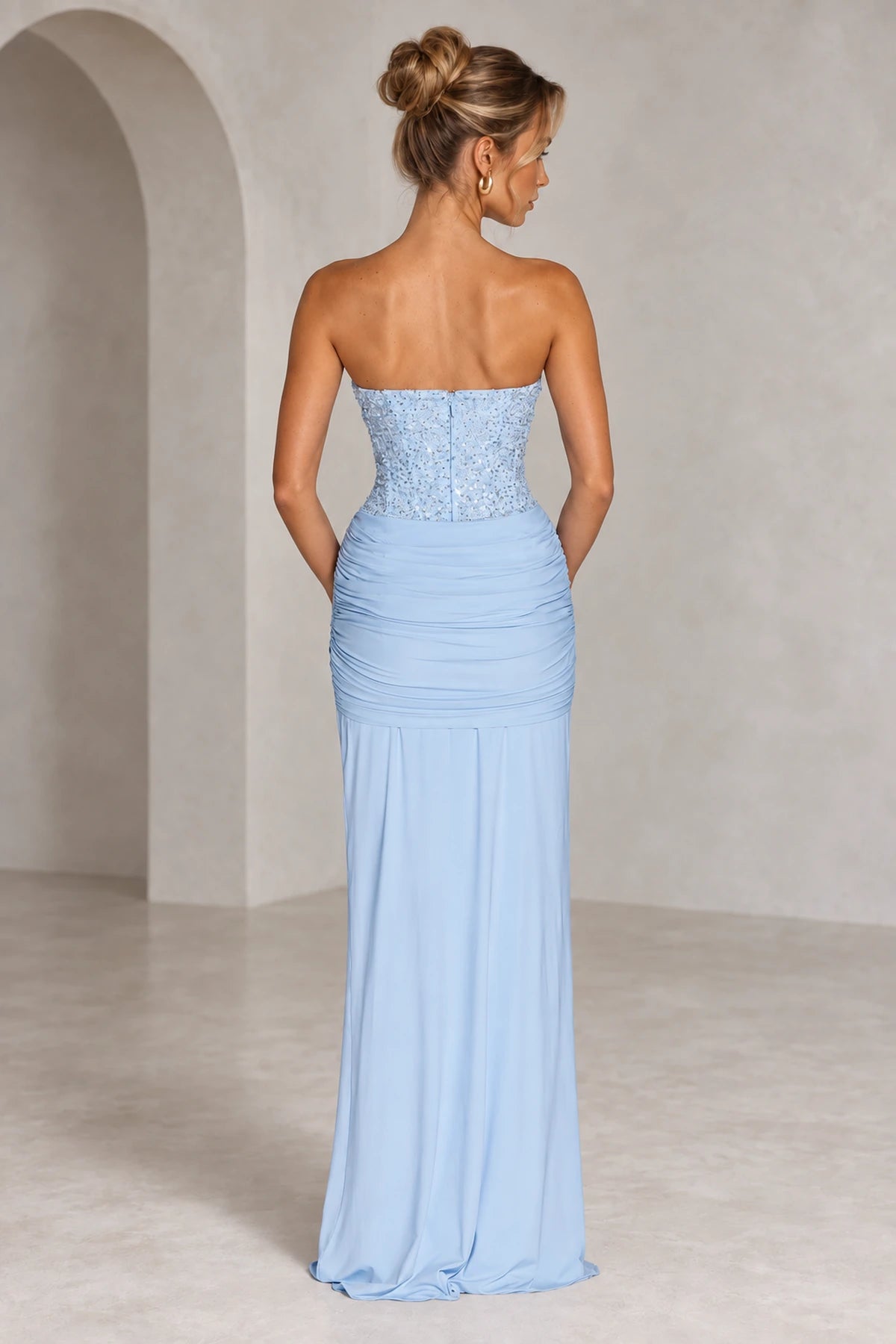 Graceprom light blue fitted back beaded bridesmaid dress back view