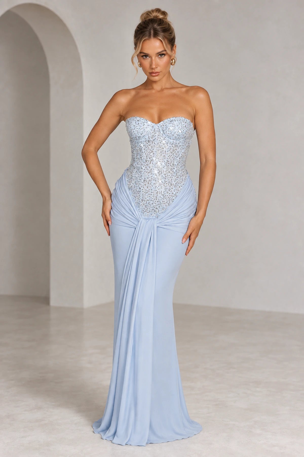 Graceprom light blue sweetheart strapless beaded bridesmaid dress front view
