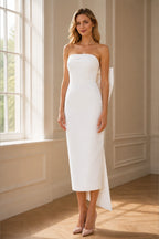Polished Sheath Strapless Sleeveless Bow Back Tea Length Wedding Guest Dress