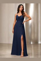 Modern A-Line Cowl-Neck Spaghetti-Strap Open-Back Floor-Length Prom Dress