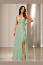 Modern A-Line Cowl-Neck Spaghetti-Strap Open-Back Floor-Length Prom Dress