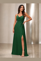 Modern A-Line Cowl-Neck Spaghetti-Strap Open-Back Floor-Length Prom Dress