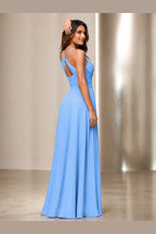 Vedress light blue prom dress with spaghetti straps open back gathered detail tie waist and floor-length skirt back view