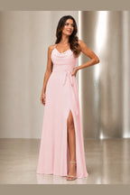 Modern A-Line Cowl-Neck Spaghetti-Strap Open-Back Floor-Length Prom Dress