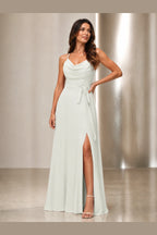 Modern A-Line Cowl-Neck Spaghetti-Strap Open-Back Floor-Length Prom Dress