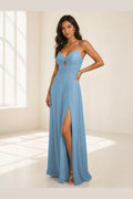 Light blue A-line sweetheart spaghetti strap long bridesmaid dress with front slit and cross-back straps, front and back view by Vedress