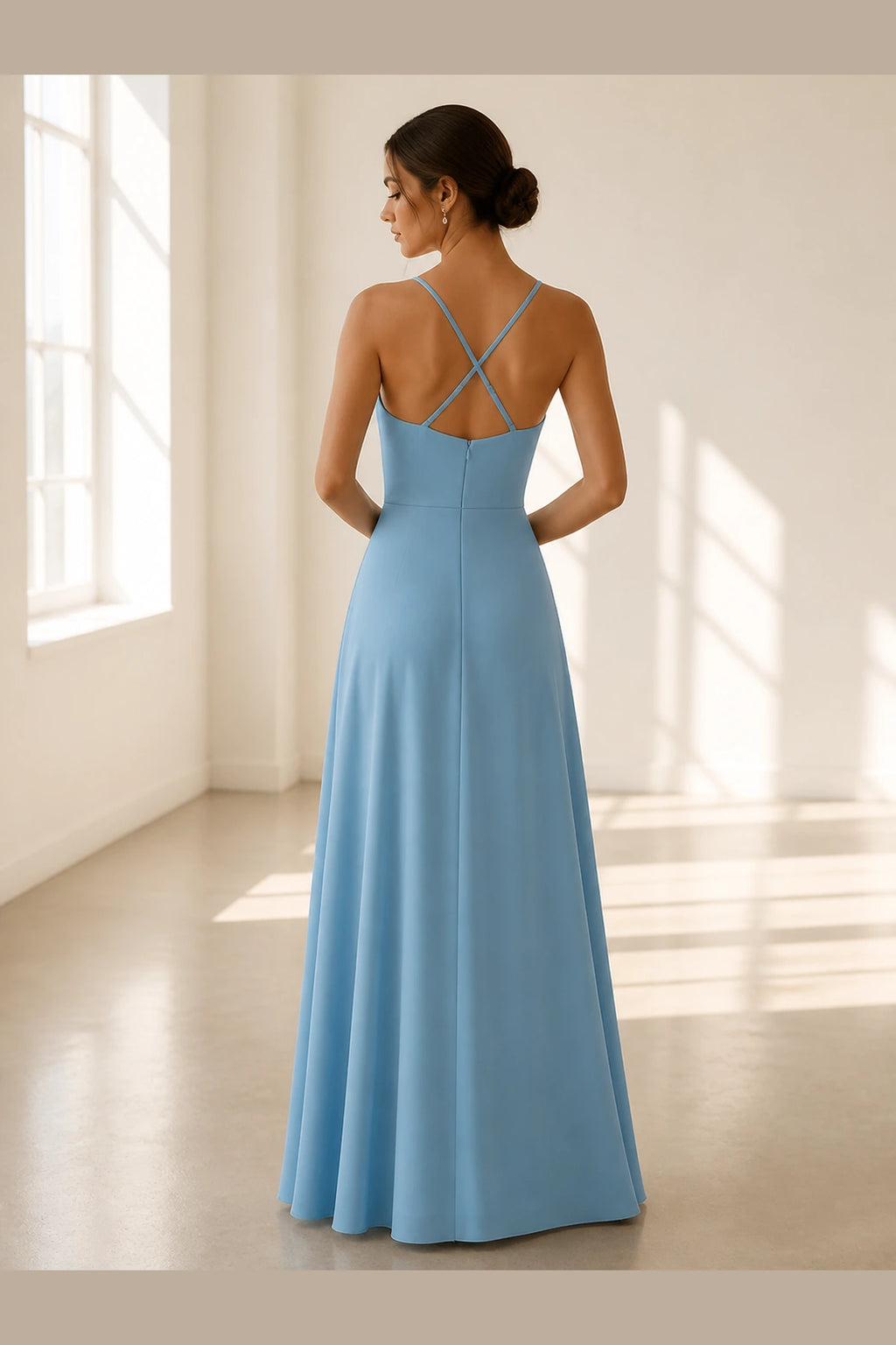 Light blue A-line sweetheart spaghetti strap long bridesmaid dress with front slit and cross-back straps, front and back view by Vedress